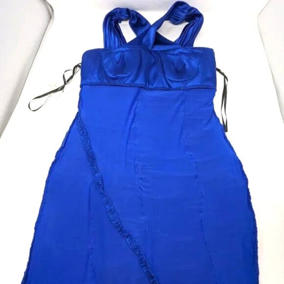 Calvin Klein Bodycon Cocktail Wiggle Dress Sz 10 Royal Blue Satin NWT Ruched - Picture 10 of 13